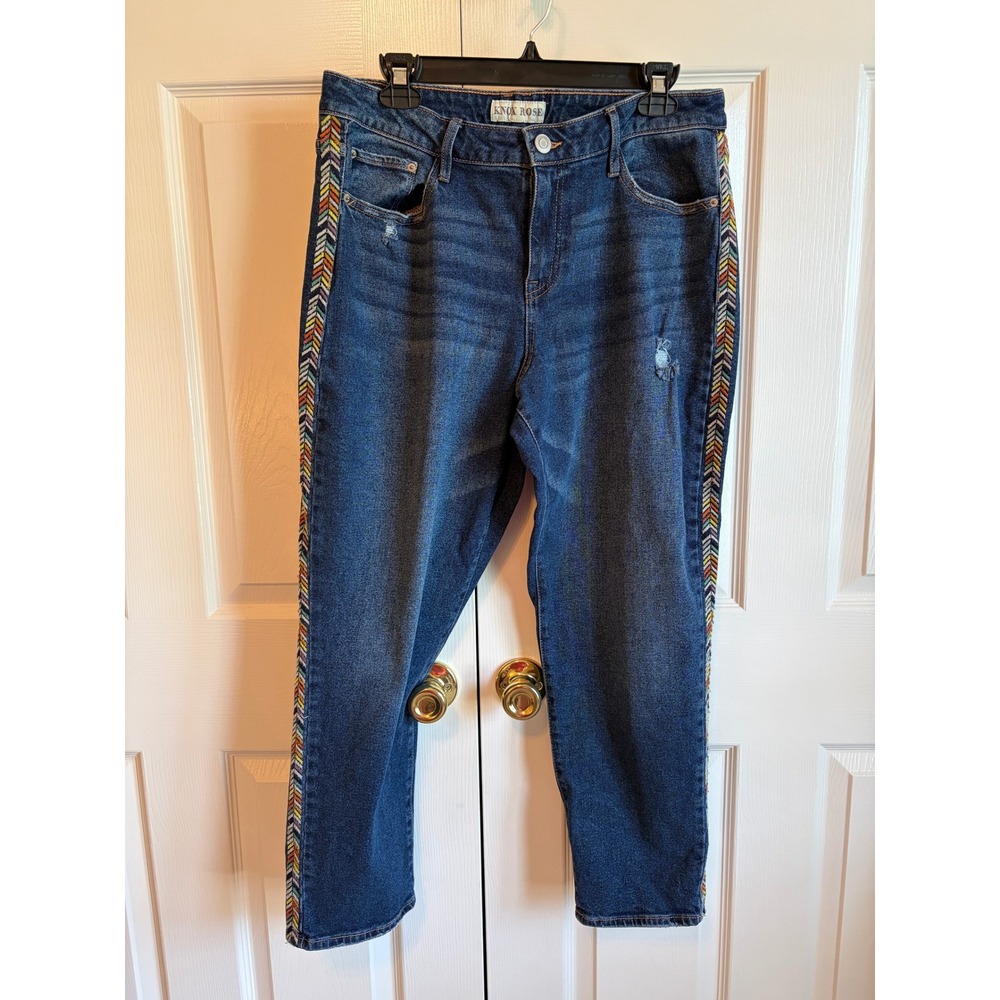 Knox Rose Women 12 Medium Wash Embroidered Side Stripe Straight Leg Jeans Boho